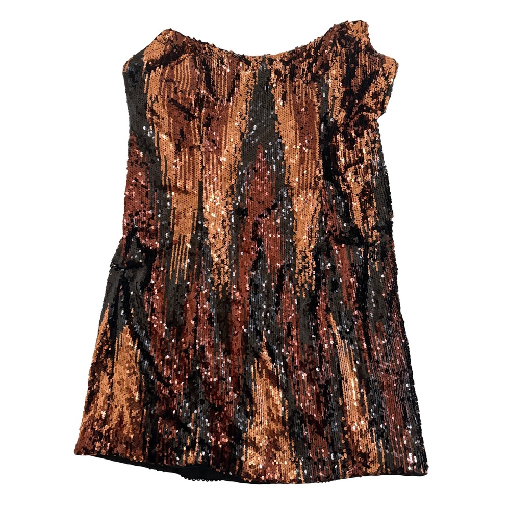Anthropologie Strapless Sequin Mini Dress 16 Black Motif Copper Striped NWT
